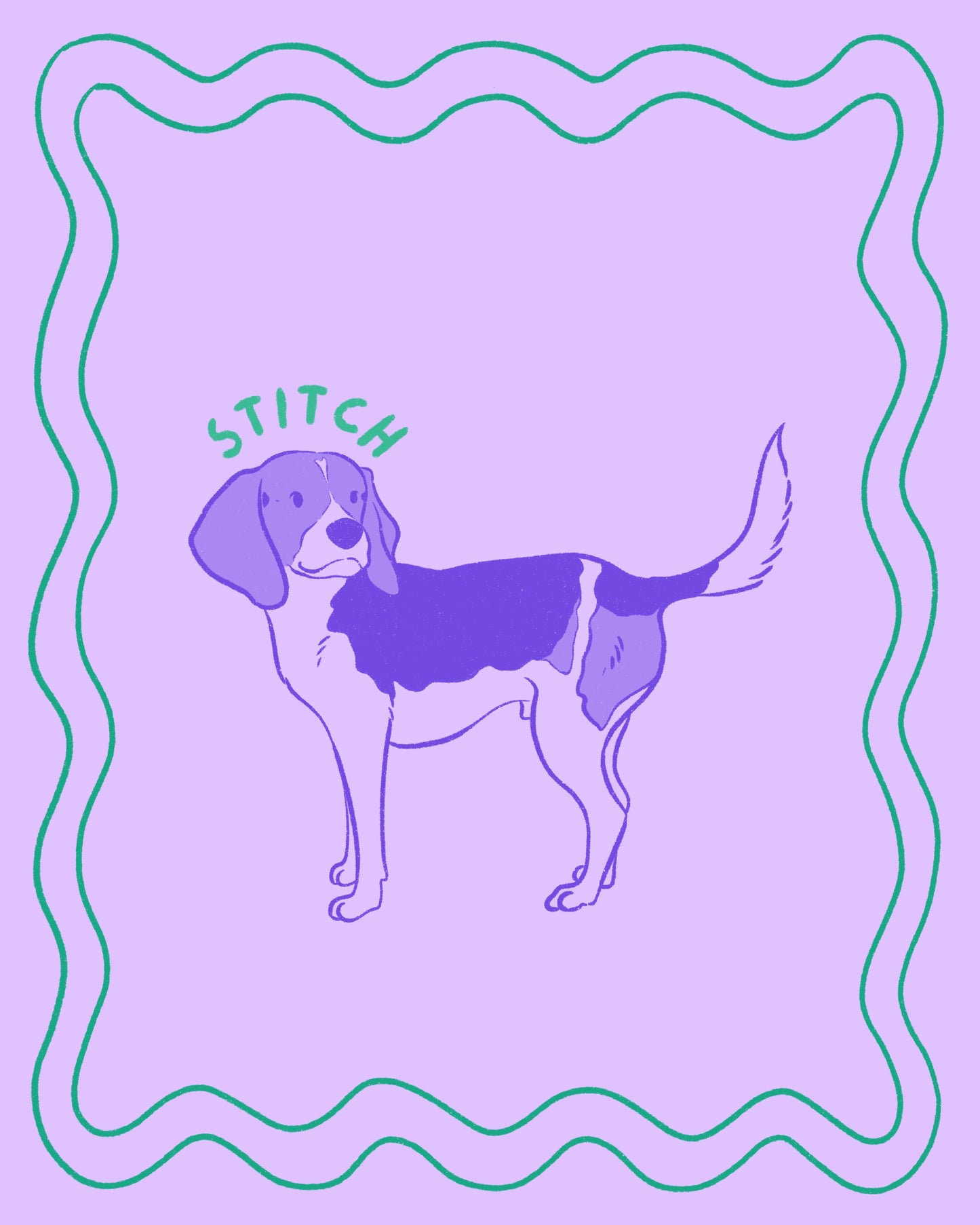 Dog illustration with 'STITCH' text on a purple background