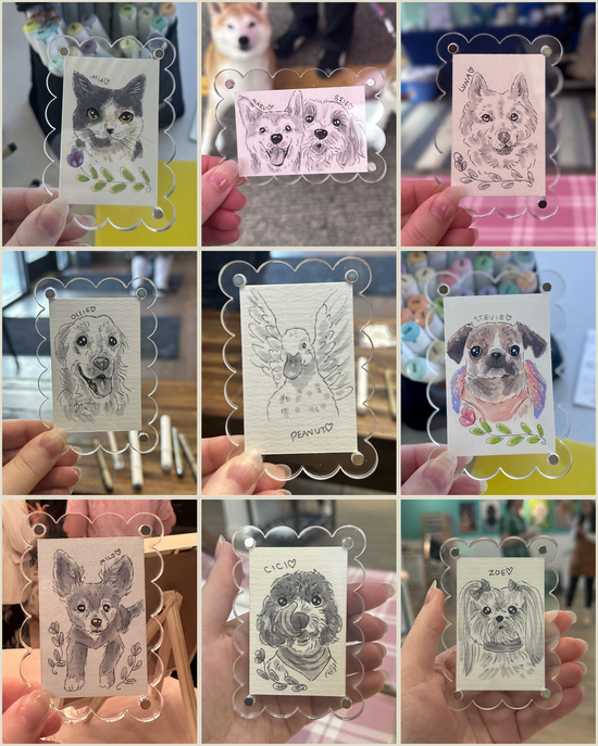 Collage of various dog illustrations held by a person in different settings.