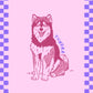 Illustration of a dog with 'Tundra' on a pink and purple checkered background