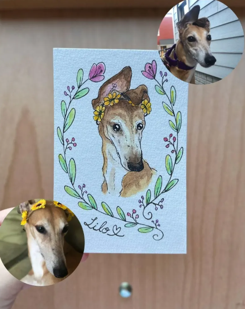 watercolor portrait dog with floral headband surrounded by leaves and flowers 