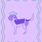 Dog illustration with 'STITCH' text on a purple background